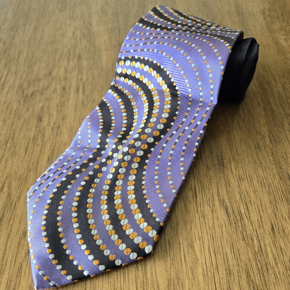 Pavone Mens 100% Silk Tie Made in Italy Purple Orange Black Wavy Dot‎ Pattern